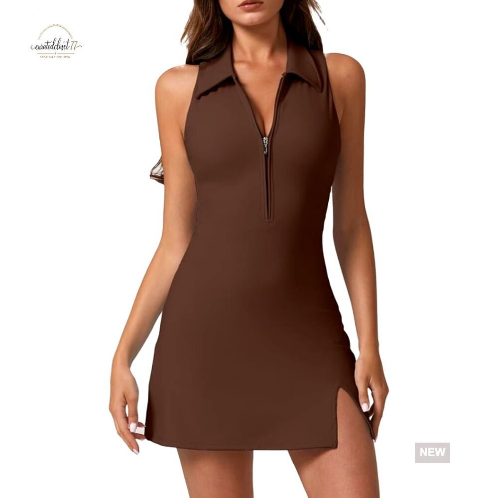 Zip Front Tennis Dress with Built-in Shorts & Pockets, Polo Collar